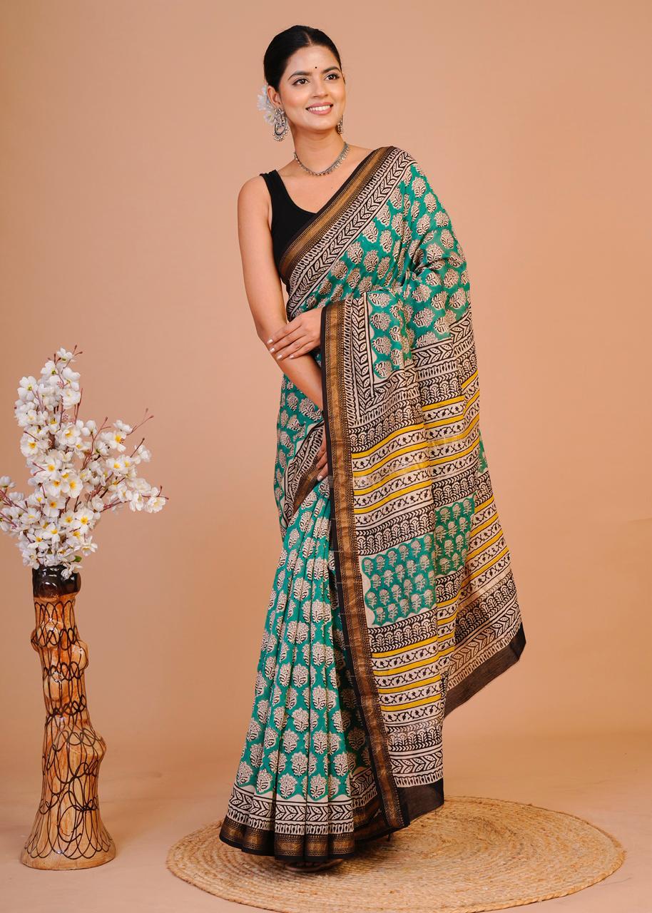 Hand Block Print Maheshwari Silk Saree