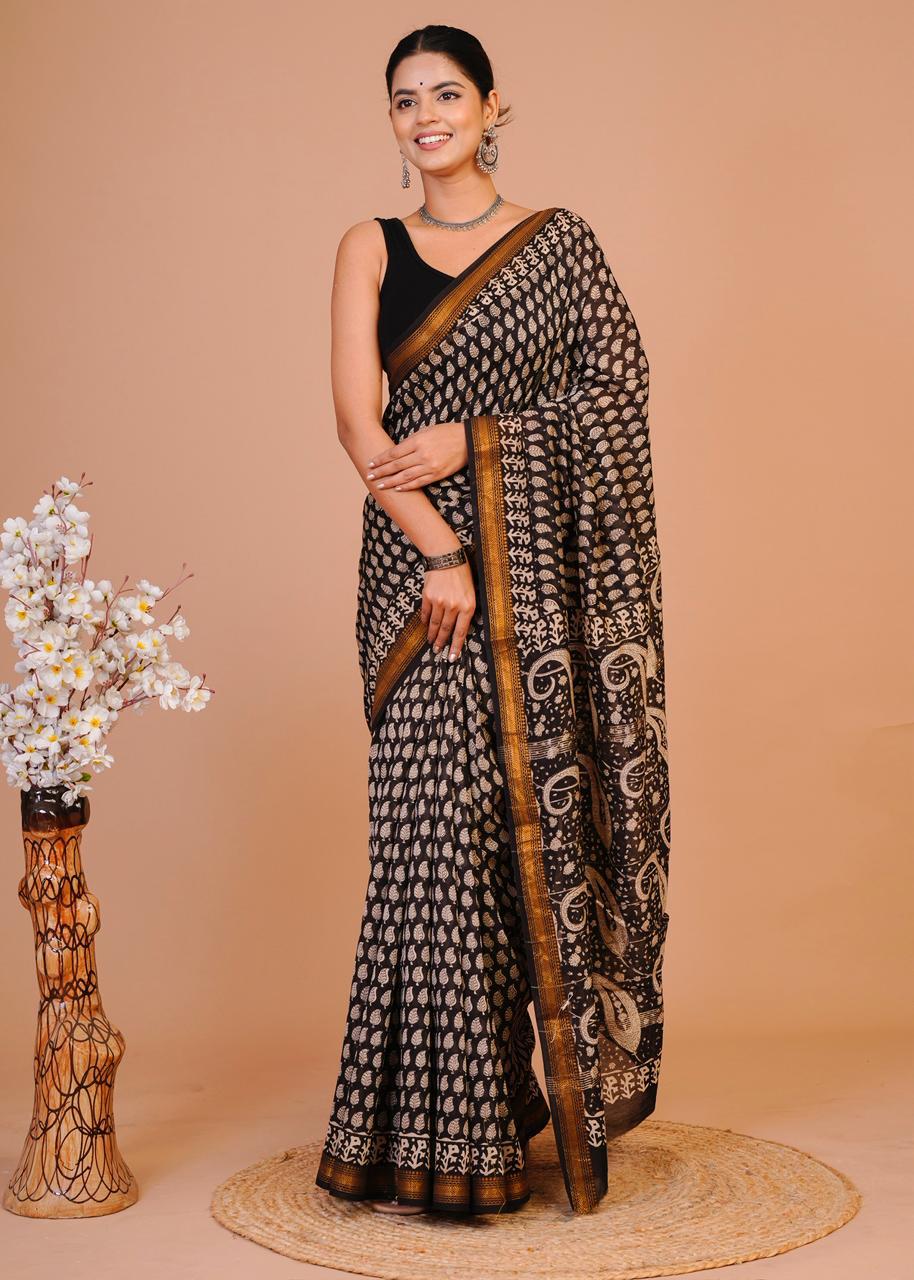 Hand Block Print Maheshwari Silk Saree