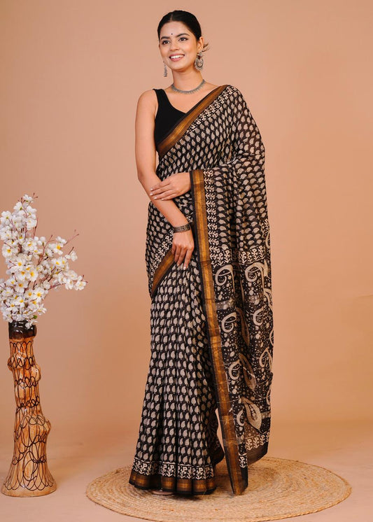 Hand Block Print Maheshwari Silk Saree