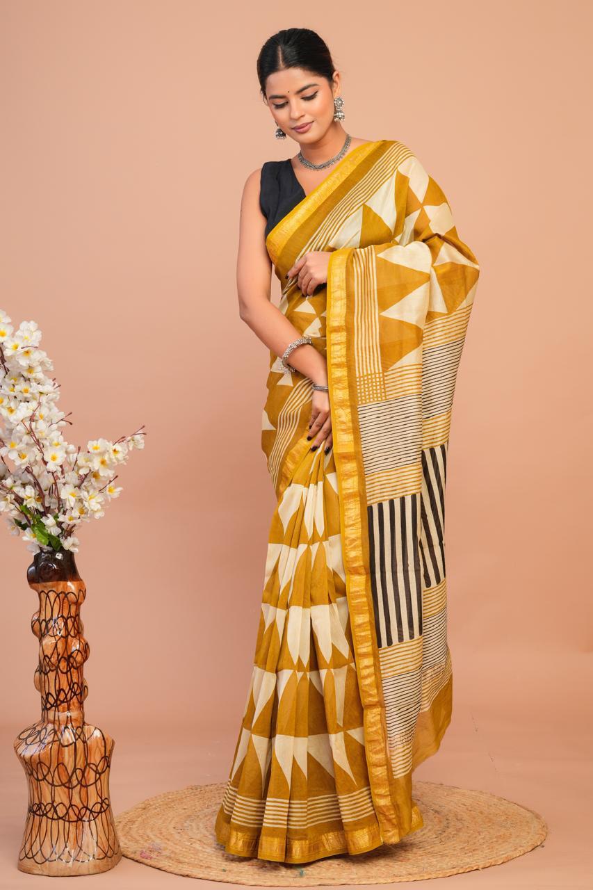 Hand Block Print Maheshwari Silk Saree