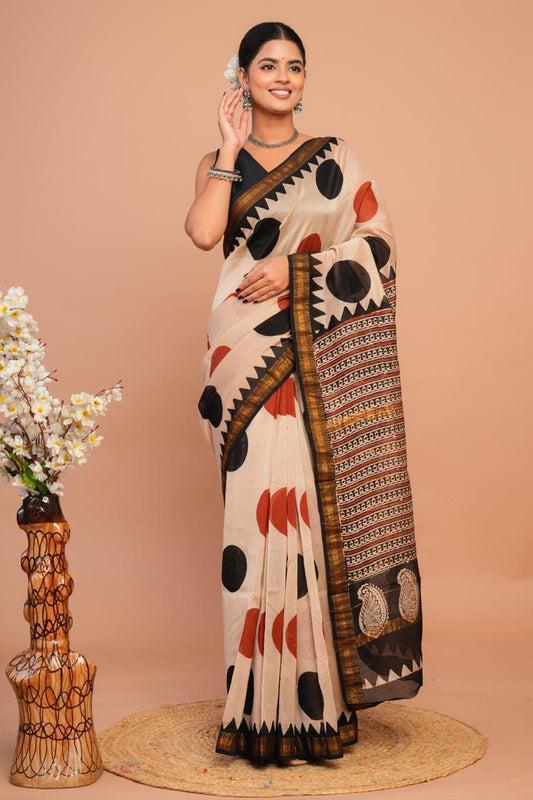 Hand Block Print Maheshwari Silk Saree