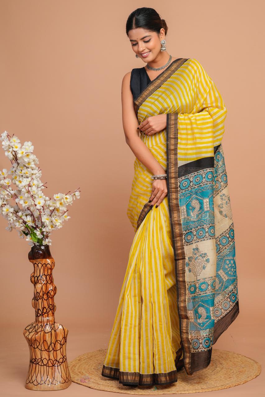 Hand Block Print Maheshwari Silk Saree