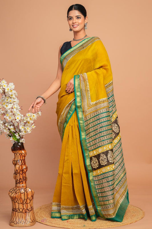 Hand Block Print Maheshwari Silk Saree