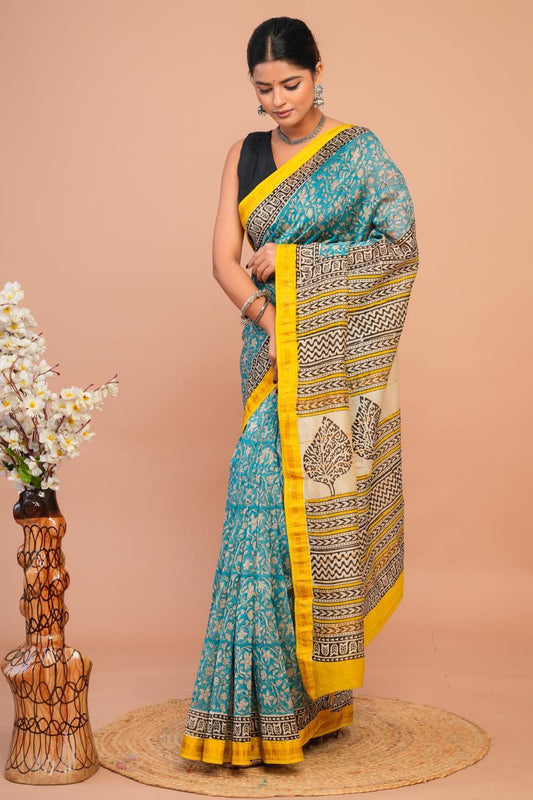 Hand Block Print Maheshwari Silk Saree