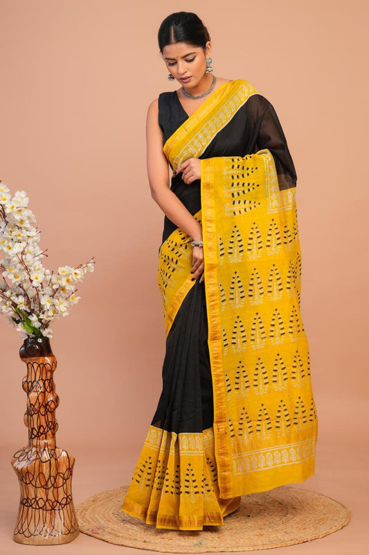 Hand Block Print Maheshwari Silk Saree