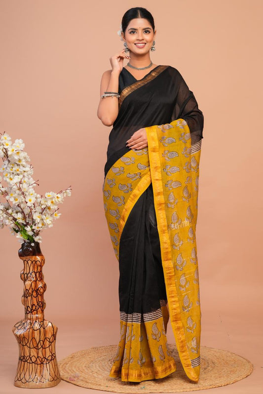 Hand Block Print Maheshwari Silk Saree