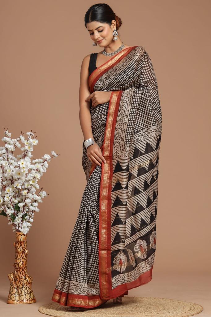Hand Block Print Maheshwari Silk Saree