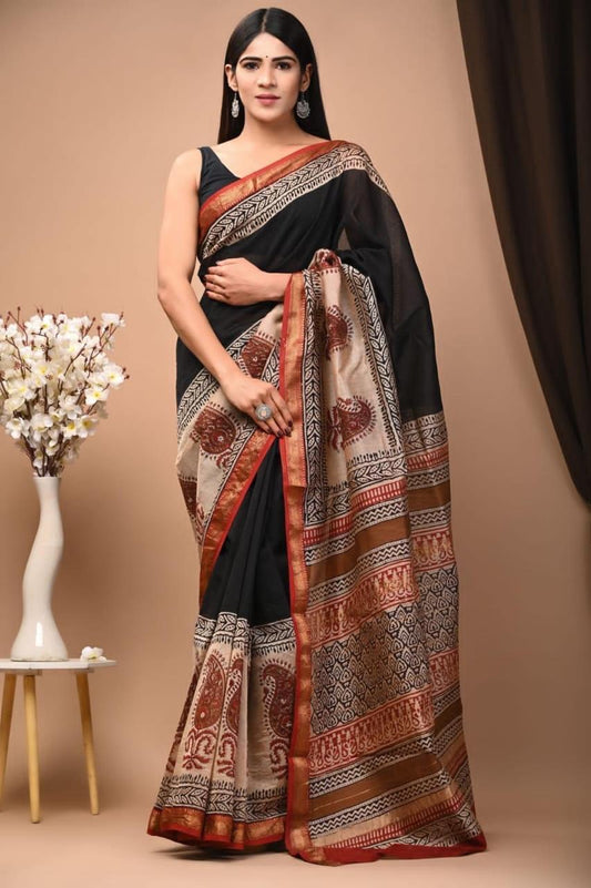 Hand Block Print Maheshwari Silk Saree