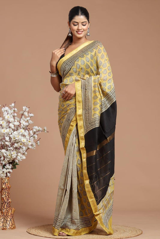 Hand Block Print Maheshwari Silk Saree