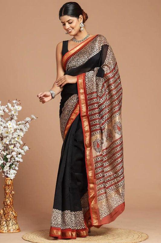 Hand Block Print Maheshwari Silk Saree