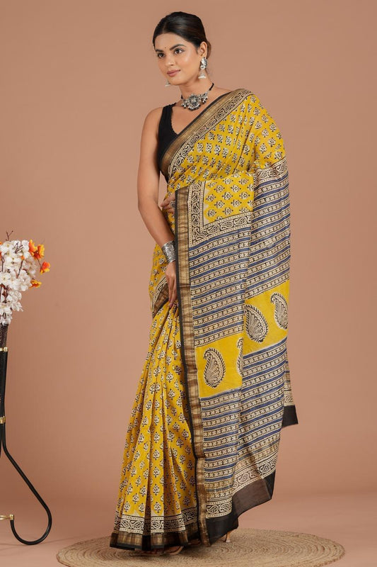 Hand Block Print Maheshwari Silk Saree