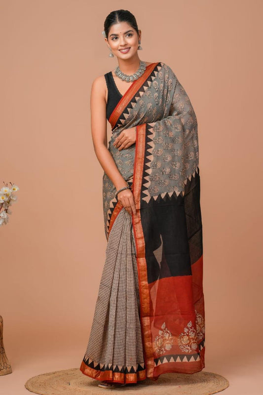 Hand Block Print Maheshwari Silk Saree