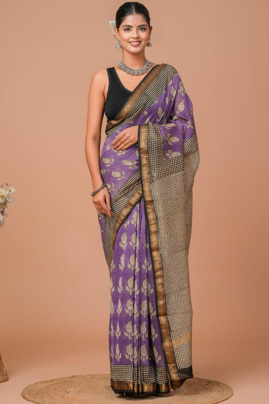 Hand Block Print Maheshwari Silk Saree