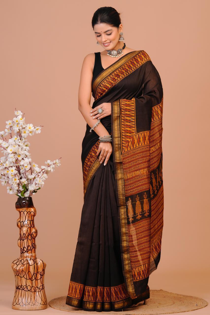 Hand Block Print Maheshwari Silk Saree