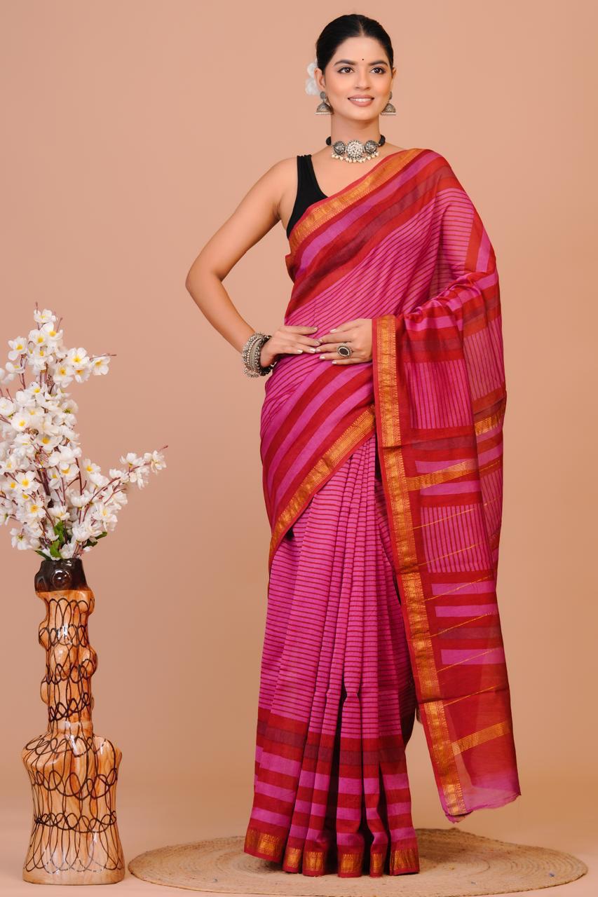 Hand Block Print Maheshwari Silk Saree