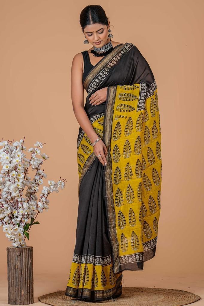 Hand Block Print Maheshwari Silk Saree