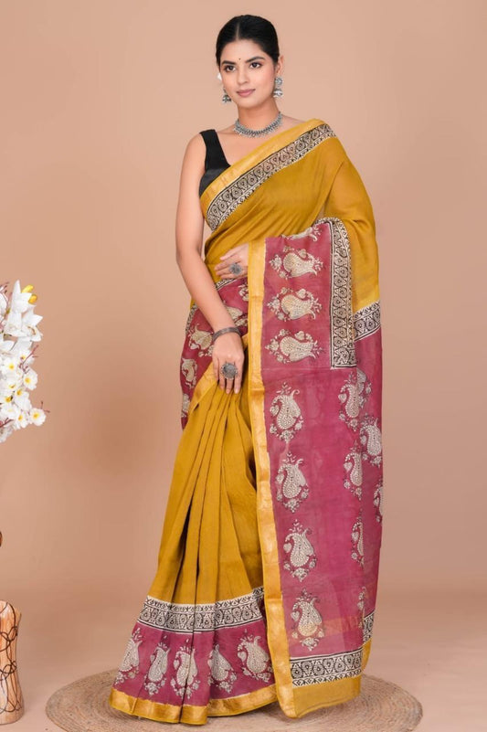 Hand Block Print Maheshwari Silk Saree