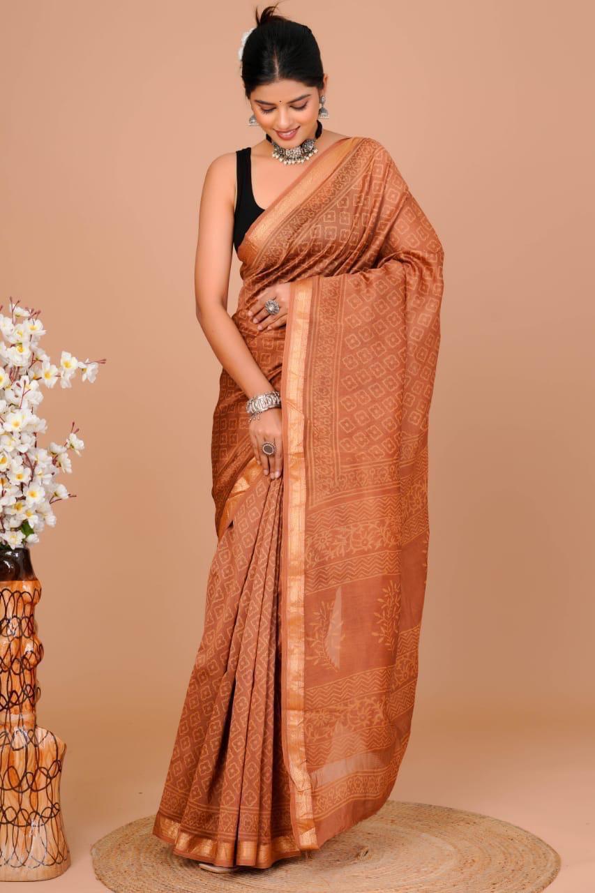 Hand Block Print Maheshwari Silk Saree