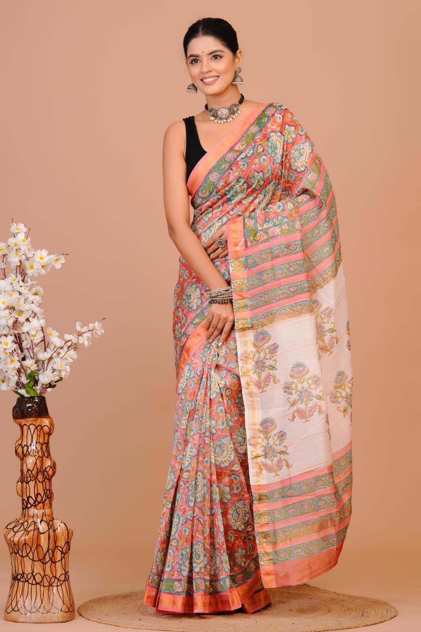 Hand Block Print Maheshwari Silk Saree