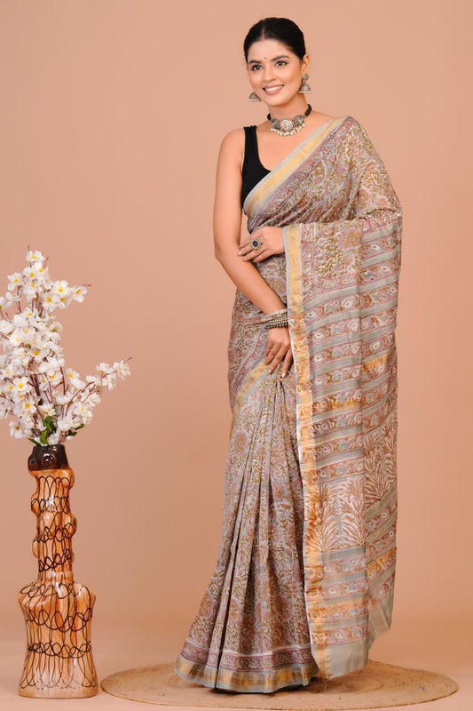 Hand Block Print Maheshwari Silk Saree