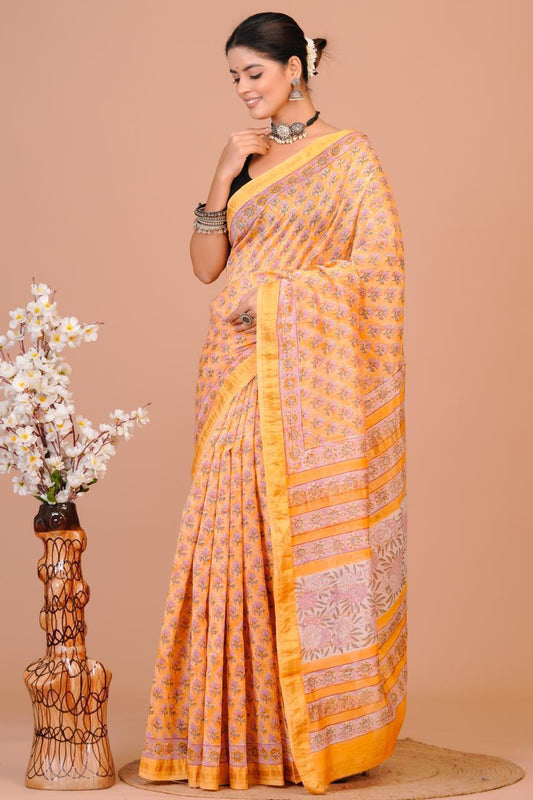 Hand Block Print Maheshwari Silk Saree
