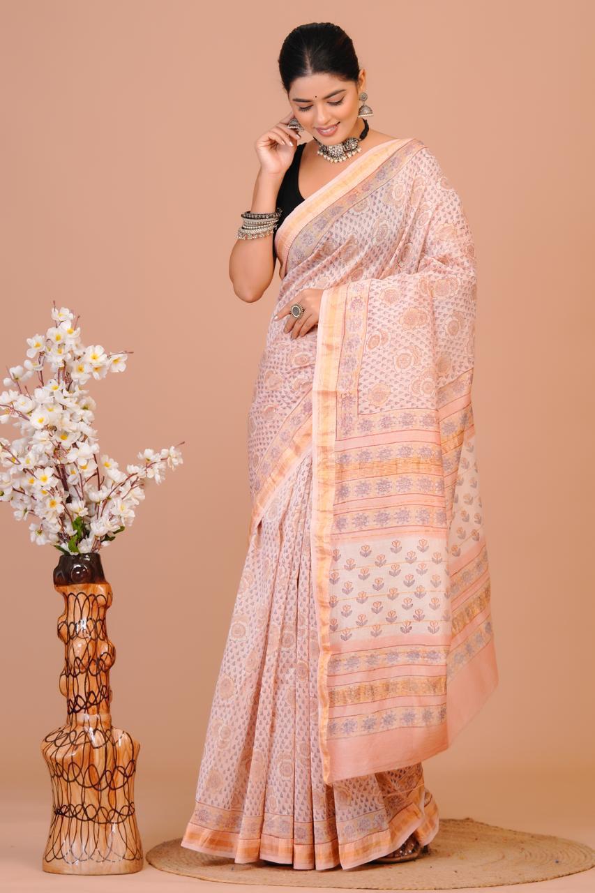 Hand Block Print Maheshwari Silk Saree