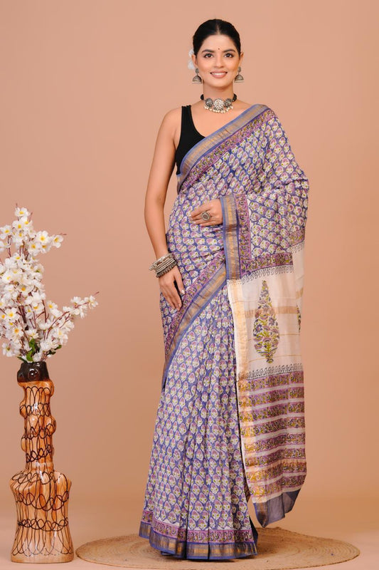 Hand Block Print Maheshwari Silk Saree