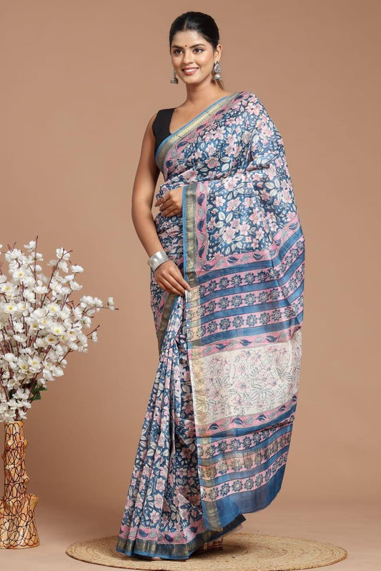 Hand Block Print Maheshwari Silk Saree