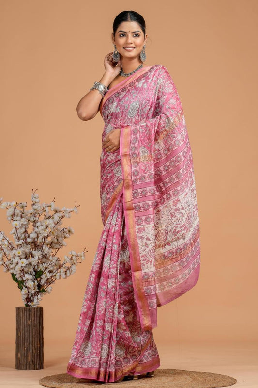 Hand Block Print Maheshwari Silk Saree