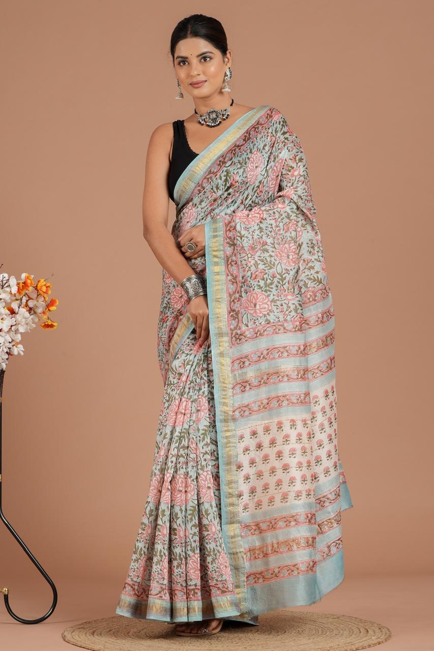 Hand Block Print Maheshwari Silk Saree