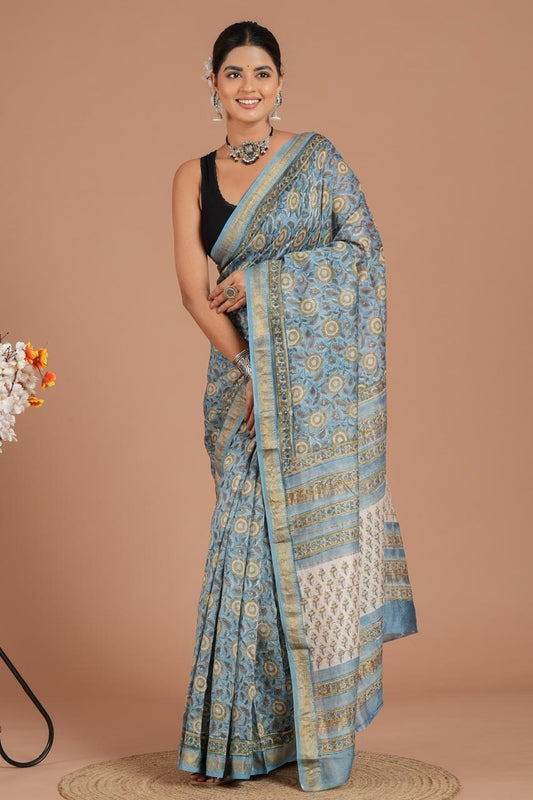 Hand Block Print Maheshwari Silk Saree