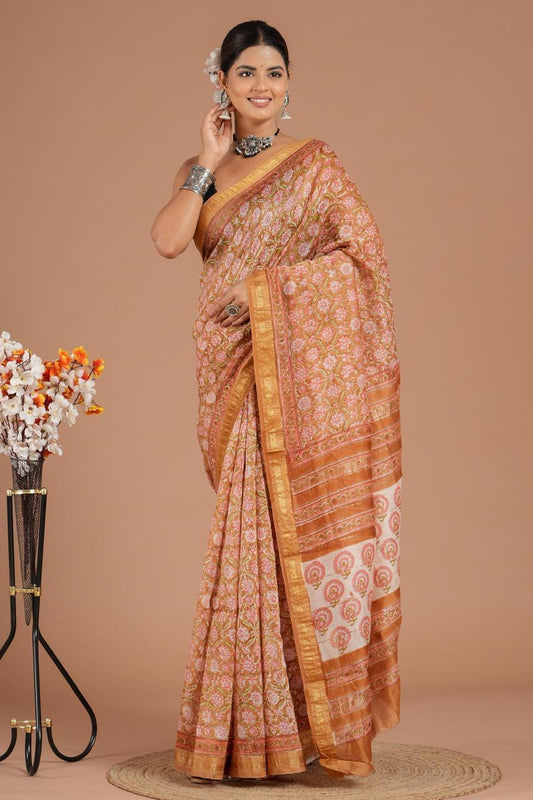 Hand Block Print Maheshwari Silk Saree
