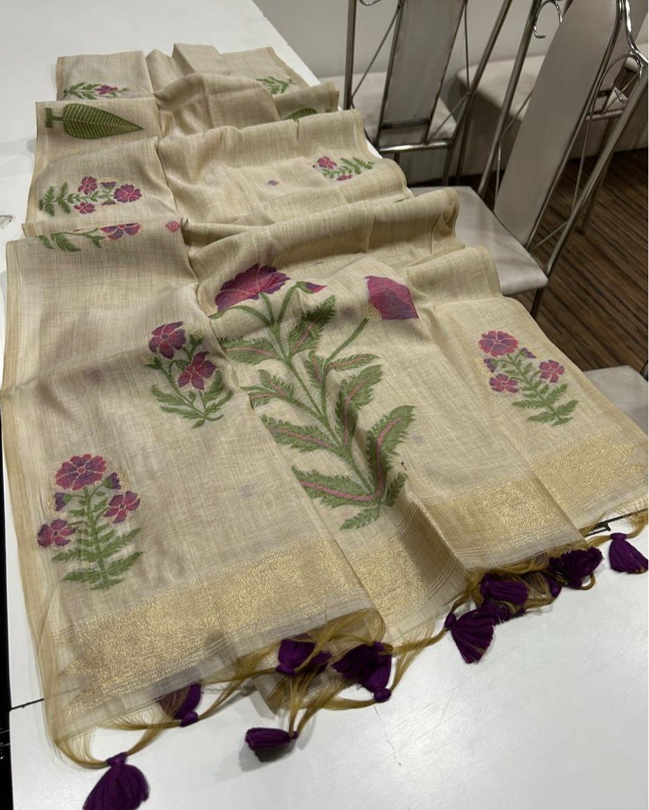 Handwoven Floral Muga Cotton Saree with Jamdani Weaving and Tassels