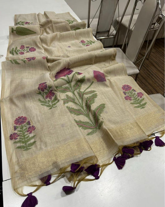 Handwoven Floral Muga Cotton Saree with Jamdani Weaving and Tassels