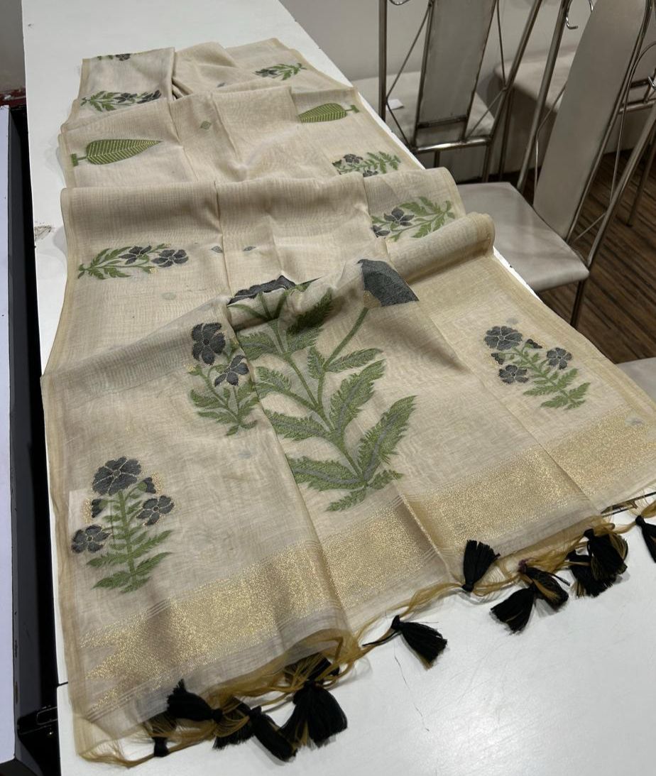 Handwoven Floral Muga Cotton Saree with Jamdani Weaving and Tassels