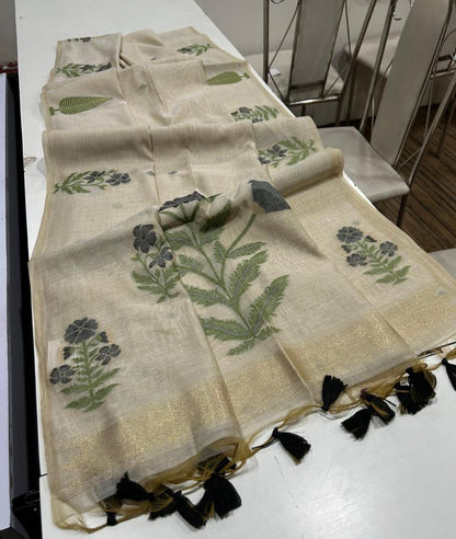 Handwoven Floral Muga Cotton Saree with Jamdani Weaving and Tassels