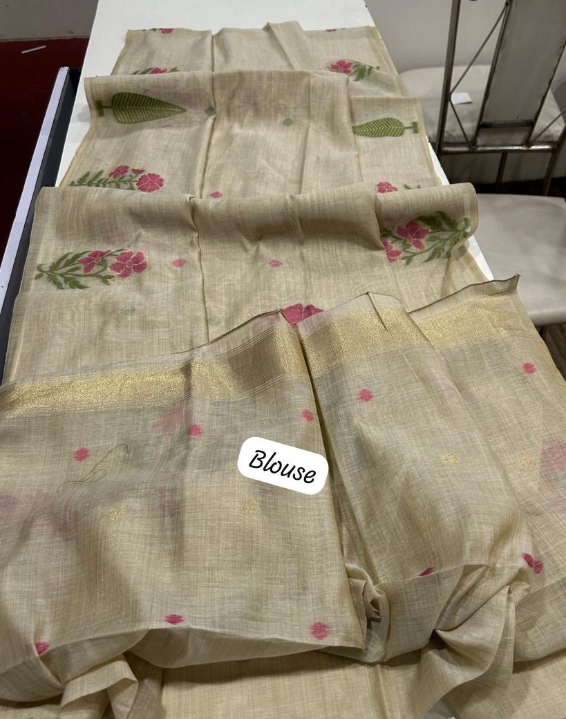 Handwoven Floral Muga Cotton Saree with Jamdani Weaving and Tassels