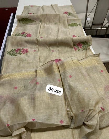 Handwoven Floral Muga Cotton Saree with Jamdani Weaving and Tassels