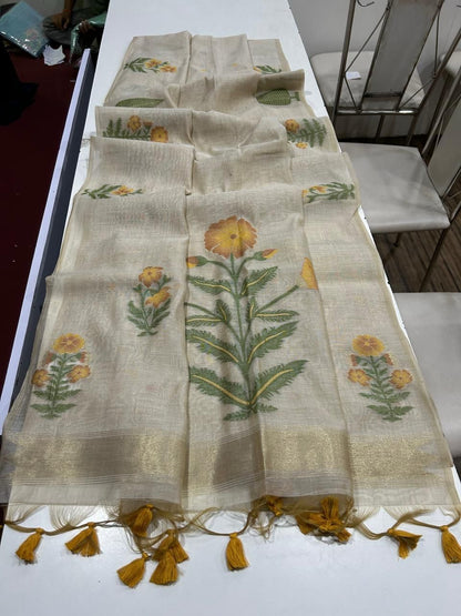 Handwoven Floral Muga Cotton Saree with Jamdani Weaving and Tassels