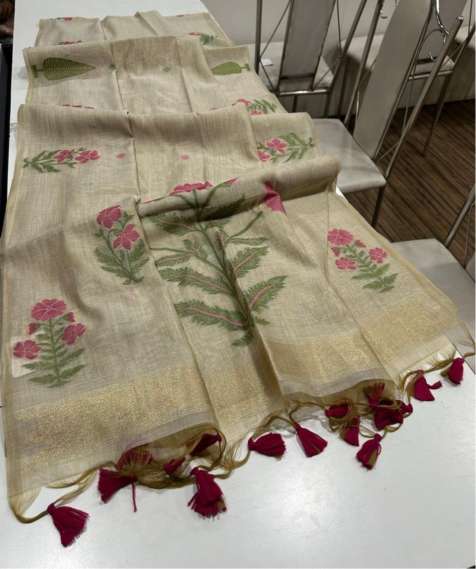 Handwoven Floral Muga Cotton Saree with Jamdani Weaving and Tassels