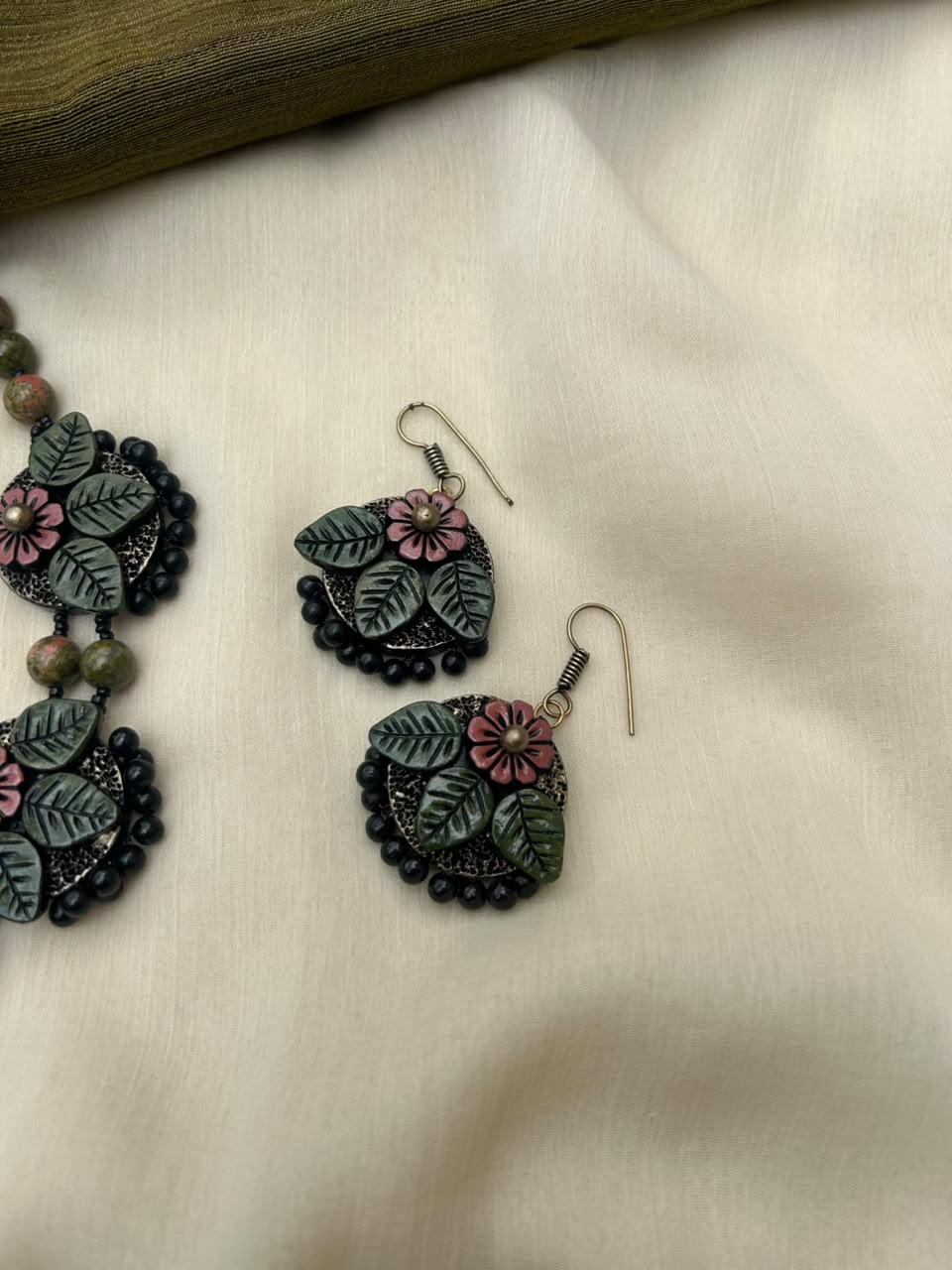 Embossed Pink Floral Terracotta Necklace Set with Unakite Gemstone Beads