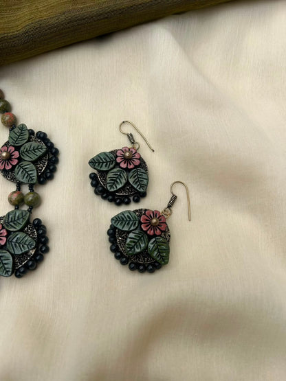 Embossed Pink Floral Terracotta Necklace Set with Unakite Gemstone Beads