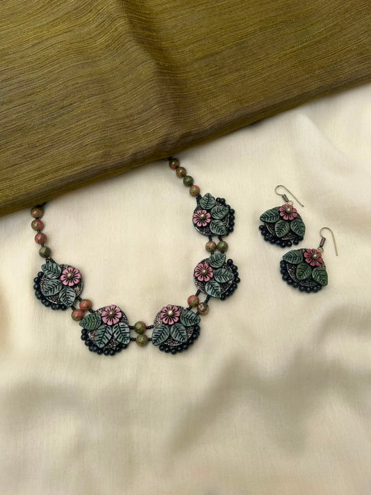 Embossed Pink Floral Terracotta Necklace Set with Unakite Gemstone Beads