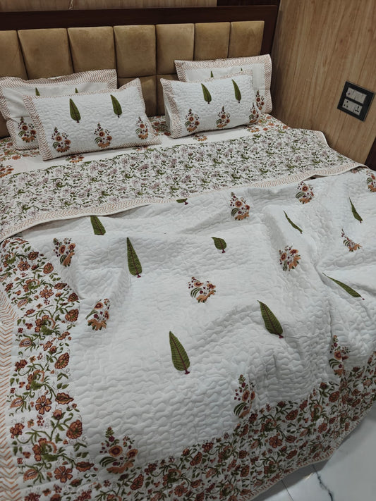Handblock King Size Quilted Comforter Set | 6 Piece Cotton Bedding