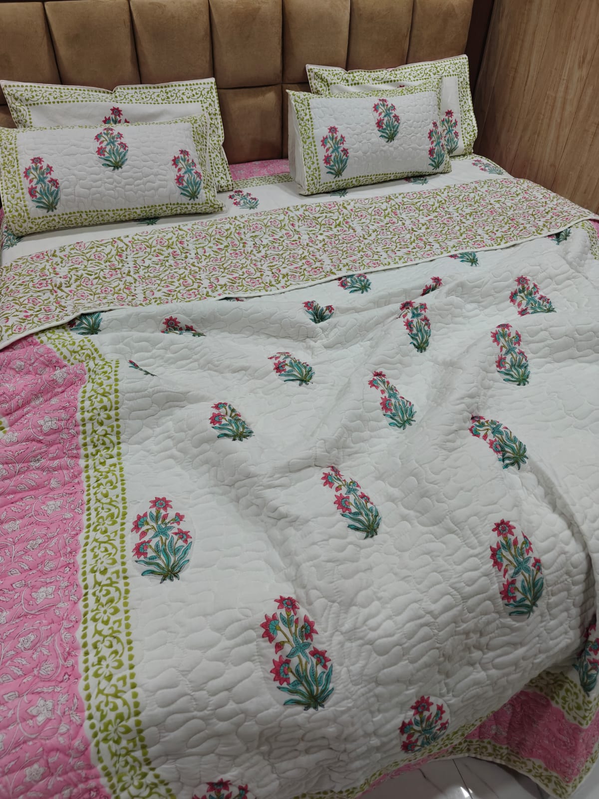 Handblock King Size Quilted Comforter Set | 6 Piece Cotton Bedding