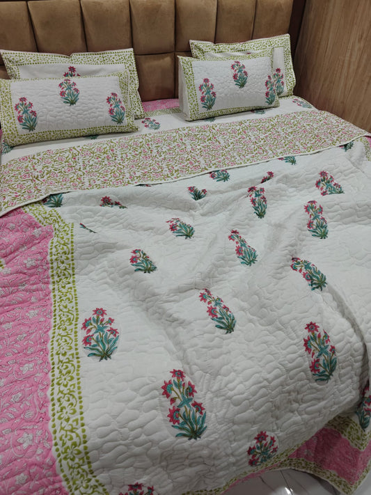 Handblock King Size Quilted Comforter Set | 6 Piece Cotton Bedding