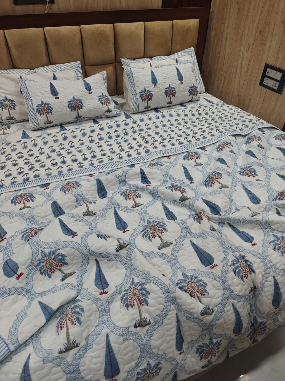 Handblock King Size Quilted Comforter Set | 6 Piece Cotton Bedding