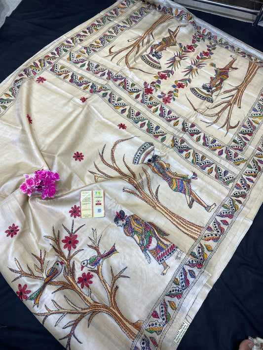 Pure Tussar Silk Katha Marwahi Saree