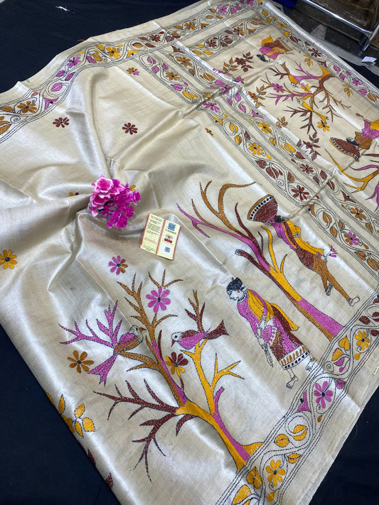 Pure Tussar Silk Katha Marwahi Saree