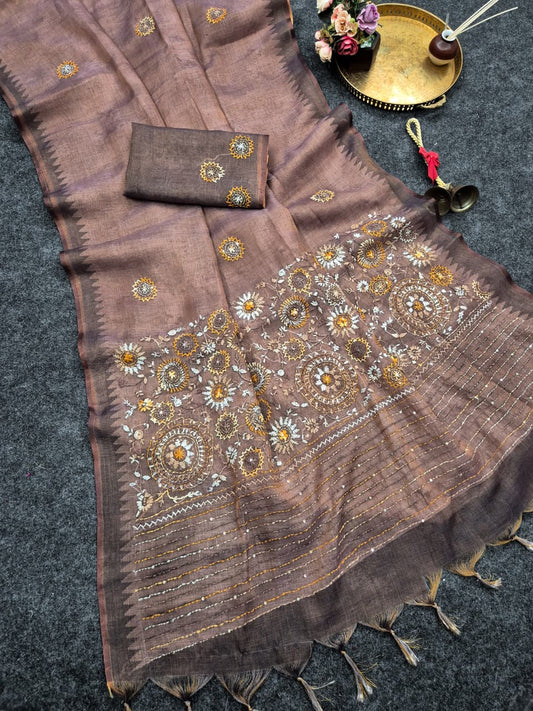 Premium Soft Tissue Linen Saree with Hand-Embroidered Pallu & All-Over Handwork Buttas